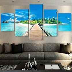 beach large streched nature 5 pieces canvas wall art, large framed 5 panel canvas wall art