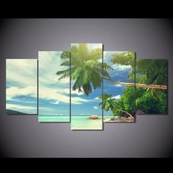 beach palm beach clouds nature 5 pieces canvas wall art, large framed 5 panel canvas wall art