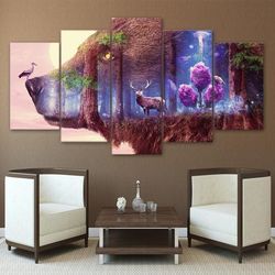 bear forest bird large nature 5 pieces canvas wall art, large framed 5 panel canvas wall art