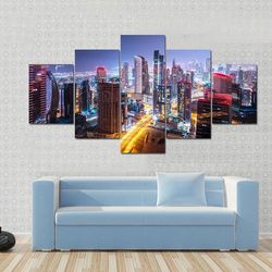 beautiful night cityscape of dubai 5 pieces canvas wall art, large framed 5 panel canvas wall art