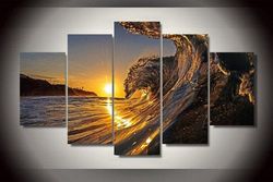 big wave beach large nature 5 pieces canvas wall art, large framed 5 panel canvas wall art