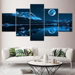 blue moon night scene nature 5 pieces canvas wall art, large framed 5 panel canvas wall art