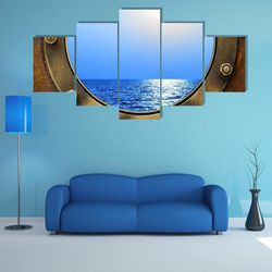 boat porthole with ocean view multi nature 5 pieces canvas wall art, large framed 5 panel canvas wall art