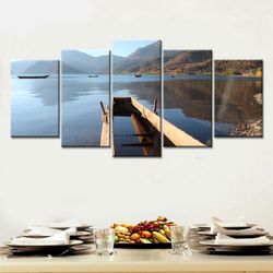 boat sets sail on the mountain lake nature 5 pieces canvas wall art, large framed 5 panel canvas wall art