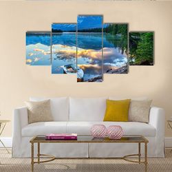 boat with rocky mountains at edith lake nature 5 pieces canvas wall art, large framed 5 panel canvas wall art