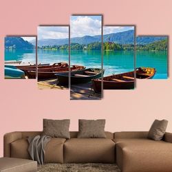 boats at the pier of bled lake nature 5 pieces canvas wall art, large framed 5 panel canvas wall art