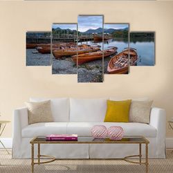 boats on the shore of derwent water nature 5 pieces canvas wall art, large framed 5 panel canvas wall art