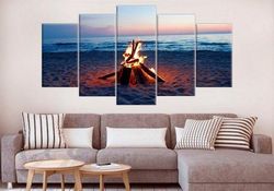 bonfire on the beach at sunset firewood nature 5 pieces canvas wall art, large framed 5 panel canvas wall art