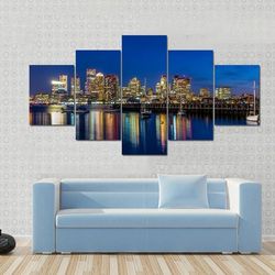 boston downtown skyline skyscraper nature 5 pieces canvas wall art, large framed 5 panel canvas wall art