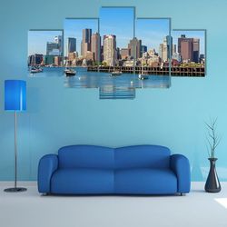 boston skyline seen from piers park nature 5 pieces canvas wall art, large framed 5 panel canvas wall art