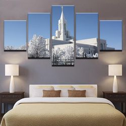 bountiful white utah temple nature 5 pieces canvas wall art, large framed 5 panel canvas wall art