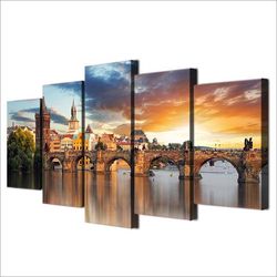 bridge building landscape nature 5 pieces canvas wall art, large framed 5 panel canvas wall art