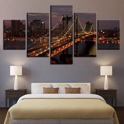 bridge city manhattan bridge new york city modular nature 5 pieces canvas wall art, large framed 5 panel canvas wall art