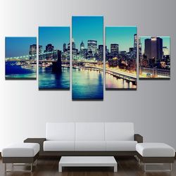 brooklyn bridge city night nature 5 pieces canvas wall art, large framed 5 panel canvas wall art