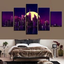 building moon city night nature 5 pieces canvas wall art, large framed 5 panel canvas wall art