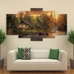 cabin in the woods nature 5 pieces canvas wall art, large framed 5 panel canvas wall art
