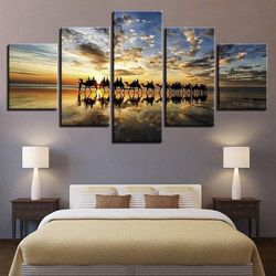 camels sunset beach sunset seaside nature 5 pieces canvas wall art, large framed 5 panel canvas wall art