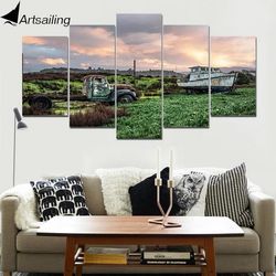 car and boat nature 5 pieces canvas wall art, large framed 5 panel canvas wall art