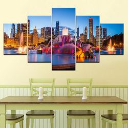 chicago city night scene nature 5 pieces canvas wall art, large framed 5 panel canvas wall art