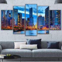 chicago city night view nature 5 pieces canvas wall art, large framed 5 panel canvas wall art