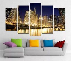 chicago cityscape mural nature 5 pieces canvas wall art, large framed 5 panel canvas wall art