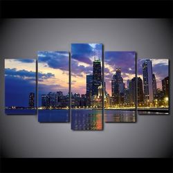 chicago cityscape sunset evening nature 5 pieces canvas wall art, large framed 5 panel canvas wall art