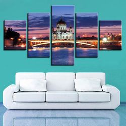 christian church and bridge night nature 5 pieces canvas wall art, large framed 5 panel canvas wall art