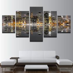 city architecture night view nature 5 pieces canvas wall art, large framed 5 panel canvas wall art