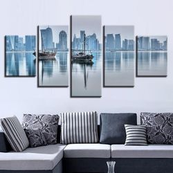 city building and bridge nature 5 pieces canvas wall art, large framed 5 panel canvas wall art