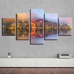 city building and riverside nature 5 pieces canvas wall art, large framed 5 panel canvas wall art