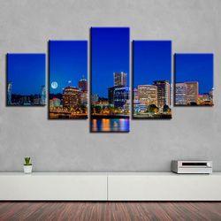 city building night nature 5 pieces canvas wall art, large framed 5 panel canvas wall art