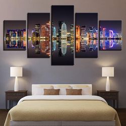 city building nightscape nature 5 pieces canvas wall art, large framed 5 panel canvas wall art