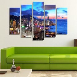 city skyline hong kong nature 5 pieces canvas wall art, large framed 5 panel canvas wall art