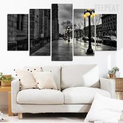 city street landscape view nature 5 pieces canvas wall art, large framed 5 panel canvas wall art