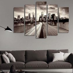 city traffic in a post apocalyptic city nature 5 pieces canvas wall art, large framed 5 panel canvas wall art