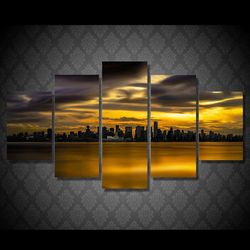 city view sunset nature 5 pieces canvas wall art, large framed 5 panel canvas wall art