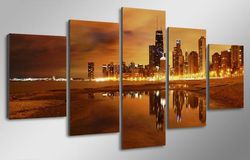 cityscape sunset chicago evening nature 5 pieces canvas wall art, large framed 5 panel canvas wall art