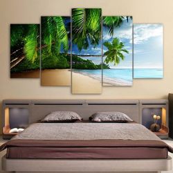 coconut trees on the beach beach 5 pieces canvas wall art, large framed 5 panel canvas wall art