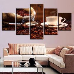 coffee and coffee beans 7 nature 5 pieces canvas wall art, large framed 5 panel canvas wall art