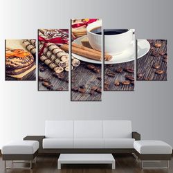 coffee bean cup kitchen food coffee dessert house nature 5 pieces canvas wall art, large framed 5 panel canvas wall art