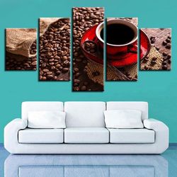 coffee beans and coffee 2 nature 5 pieces canvas wall art, large framed 5 panel canvas wall art