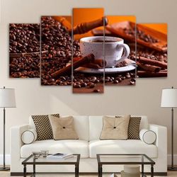 coffee beans and coffee nature 5 pieces canvas wall art, large framed 5 panel canvas wall art