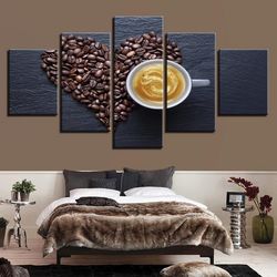 coffee beans heart nature 5 pieces canvas wall art, large framed 5 panel canvas wall art