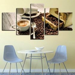 coffee cup beans and coffee aroma kitchen restaurant modern nature 5 pieces canvas wall art, large framed 5 panel canvas