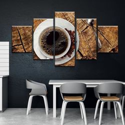 coffee on wood nature 5 pieces canvas wall art, large framed 5 panel canvas wall art