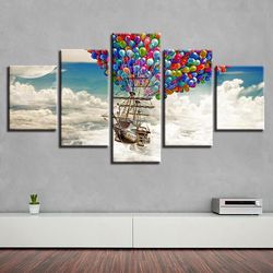 colorful balloons airship landscape nature 5 pieces canvas wall art, large framed 5 panel canvas wall art