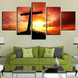 cross sunset christian 4 nature 5 pieces canvas wall art, large framed 5 panel canvas wall art