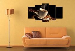 cup of coffee and coffee beans nature 5 pieces canvas wall art, large framed 5 panel canvas wall art