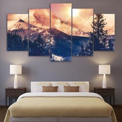 dawn in mountain mountain 5 pieces canvas wall art, large framed 5 panel canvas wall art
