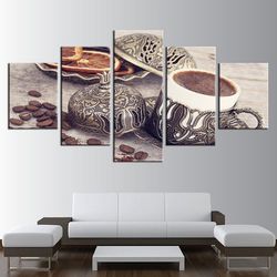 decor coffee bean and coffee cup kitchen nature 5 pieces canvas wall art, large framed 5 panel canvas wall art